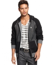 A stylish standout in a season full of retro looks: Marc Ecko Cut & Sew's color-blocked hoodie with zip-up front and split kangaroo pocket. A stylish standout in a season full of retro looks: Marc Ecko Cut & Sew's color-blocked hoodie with zip-up front and split kangaroo pocket.