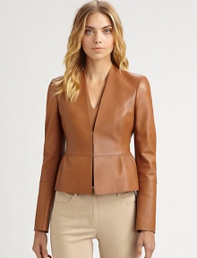 Supple leather, tailored in a sleek, refined silhouette.V necklineFront hook-and-eye closuresFlared peplumPanel constructionFully linedAbout 21 from shoulder to hemLeatherDry cleanImported of French fabricModel shown is 5'10 (177cm) wearing US size 4. Supple leather, tailored in a sleek, refined silhouette.V necklineFront hook-and-eye closuresFlared peplumPanel constructionFully linedAbout 21 from shoulder to hemLeatherDry cleanImported of French fabricModel shown is 5'10 (177cm) wearing US size 4.