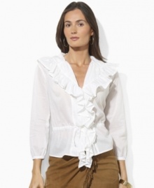 Delicate gathering and a breezy woven cotton construction lend feminine inspiration to this soft petite blouse by Lauren by Ralph Lauren. Delicate gathering and a breezy woven cotton construction lend feminine inspiration to this soft petite blouse by Lauren by Ralph Lauren.