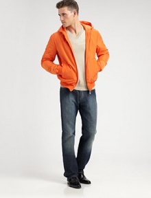 Brave the season's unpredictable elements in this classic windbreaker with attached hood.Zip frontWaist slash pocketsRibbed cuffs and hemAbout 25 from shoulder to hemFully linedPolyesterDry cleanImported of Italian fabric Brave the season's unpredictable elements in this classic windbreaker with attached hood.Zip frontWaist slash pocketsRibbed cuffs and hemAbout 25 from shoulder to hemFully linedPolyesterDry cleanImported of Italian fabric