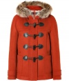 The timeless favorite duffle coat gets an ultra luxe remix in Burberry Brits bright pumpkin wool fur trimmed jacket, tailored to perfection for an ultra flattering fit - Fur trimmed hood, long sleeves, front toggle closures, fitted - Pair with tailored trousers and chic leather boots