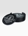 A striking set featuring a skull-and-crossbones motif, embossed in shimmering silver leaf and elegantly packaged in a sleek black leather case.Leather and silver leaf4½ diam.Imported