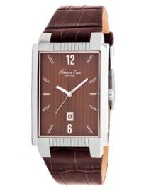 Sophisticated details create the modern style of this dress watch by Kenneth Cole New York. Brown croc-embossed leather strap and rectangular stainless steel case. Brown dial features vertical stripes, silver tone numerals at twelve and six o'clock, stick indices, date window at six o'clock, three hands and logo. Quartz movement. Water resistant to 30 meters. Limited lifetime warranty.