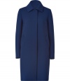 Elegant A-line coat in deep blue wool blend - Classic slim shape with short collar, long sleeves, concealed snap front closure and diagonal pockets - Decorative ruffles at back create lovely interest in this traditional piece - Great for the office or with cool jeans or a sheath dress - Wear all season for years
