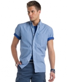 Get in the stripe zone. Izod add some fine lines to cool chambray for a weekend winner.