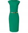 Effortless elegance is easily achieved with this bold-hued wool-blend sheath dress from Michael Kors - Bateau neckline, abbreviated cap sleeves, metallic snake-embossed leather belt, pencil skirt, figure-enhancing seam details, back slit, concealed back zip closure - Fitted silhouette - Style with strappy pumps, a sleek evening trench, and an embellished clutch