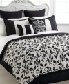 Finished with a chic black and white flair, the Carrington Leaf comforter set boasts a flourishing vine and leaf design for a simply elegant appeal. Shams and decorative pillows are embellished with a geometric diamond pattern and pleating details for added style and texture. (Clearance)