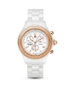 A diamond-encrusted bezel lends sparkling style to this chic white watch head with three-eye functionality from Michele.