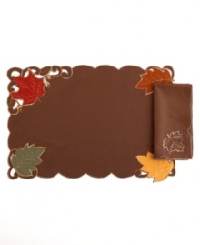 Featuring elaborate cutwork, embroidered accents and leaves piled in rich fall colors, Maple Leaf placemats set the scene for an unforgettable autumn, year after year. Featuring elaborate cutwork, embroidered accents and leaves piled in rich fall colors, Maple Leaf placemats set the scene for an unforgettable autumn, year after year.