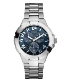 A futuristic face sets the tone on this watch by GUESS. A futuristic face sets the tone on this watch by GUESS.