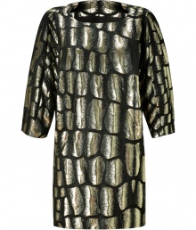 Shimmer into evening elegance in Jay Ahrs radiant gold and black modern brocade dress, perfectly proportioned for an ultra-flattering finish - Rounded neckline, 3/4 sleeves, hidden back zip, mini length - Pair with sky-high pumps and a jet black clutch