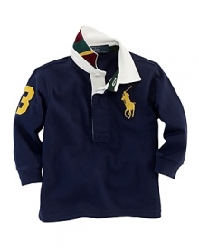 An embroidered Big Pony and twill 3 patch give this long-sleeved rugby a sporty look. An embroidered Big Pony and twill 3 patch give this long-sleeved rugby a sporty look.