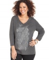 Add pizazz to your casual style with Karen Scott's three-quarter-sleeve plus size top, finished by a sequined front!