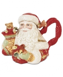 Trim the table, too. As much decor as serveware, the Bountiful Holiday teapot from Fitz and Floyd is rich with detail, from the autumnal pattern in Santa's coat, to the beautiful gifts he bears. Remove his hat to fill and pour from his stocking. Trim the table, too. As much decor as serveware, the Bountiful Holiday teapot from Fitz and Floyd is rich with detail, from the autumnal pattern in Santa's coat, to the beautiful gifts he bears. Remove his hat to fill and pour from his stocking.