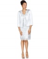 A lace sheath and satin jacket make this Tahari by ASL suit elegant for any occasion--especially elevated events like weddings!