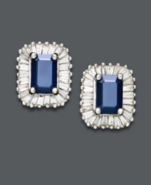 Add a fresh pop of color to your look with sparkling blue hues. Rectangle-shaped post earrings by Effy Collection feature a sapphire center stone (1-1/3 ct. t.w.) surrounded by halos of sparkling diamonds (5/8 ct. t.w.). Crafted in 14k white gold. Approximate width: 7/16 inch. Approximate length: 1/2 inch. Add a fresh pop of color to your look with sparkling blue hues. Rectangle-shaped post earrings by Effy Collection feature a sapphire center stone (1-1/3 ct. t.w.) surrounded by halos of sparkling diamonds (5/8 ct. t.w.). Crafted in 14k white gold. Approximate width: 7/16 inch. Approximate length: 1/2 inch.