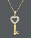 Unlock sweet secrets with this elegant key pendant. Crafted in 18k gold over sterling silver, necklace features round-cut diamond (1/10 ct. t.w.) and a heart key design. Approximate length: 18 inches. Approximate drop: 1-1/4 inches.