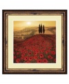 Set the romance in any room with this quintessential Italian landscape. Three cypress trees preside over a field of cheery red poppies while the setting sun emits a warm, golden light. An etched, bronze-colored frame with a gold detail matches the radiant sky.