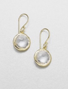 From the Lollipop Collection. Faceted clear quartz drops catch and reflect the light brilliantly within settings of 18k yellow gold. Clear quartz 18k yellow gold Drop, about 1 Diameter, about ½ Ear wire Imported From the Lollipop Collection. Faceted clear quartz drops catch and reflect the light brilliantly within settings of 18k yellow gold. Clear quartz 18k yellow gold Drop, about 1 Diameter, about ½ Ear wire Imported