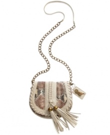 Take the textured trend out for the evening with this faux, snakeskin leather crossbody from Carlos by Carolos Santans. Outfitted with chain-link strap and flirty tassels, it's ideally sized for the essentials and a major must-have for the nocturnal creature. Take the textured trend out for the evening with this faux, snakeskin leather crossbody from Carlos by Carolos Santans. Outfitted with chain-link strap and flirty tassels, it's ideally sized for the essentials and a major must-have for the nocturnal creature.