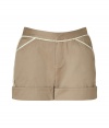 Stylish shorts in fine, pure creamy brown washed cotton - Cream rope piping lends the look a touch of on-trend, maritime chic - Wide, cuffed hem and tab closure waist - Flap pockets at rear, diagonal pockets at sides - Medium rise sits comfortably at hips - A feminine, summer-ready take on casual, utilitarian cool - Pair with t-shirts, button downs or tunic tops and leather sandals or wedges