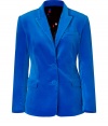 Stylish velvet blazer in fine, electric blue cotton blend - Soft and supremely comfortable, thanks to a touch of stretch - Fitted, feminine silhouette - Two-button closure and flap pockets at hips - Welt pocket at chest - Slim lapels and small collar - Vent at back - Elegant and eye-catching, on-trend in vibrantly-hued velvet - Pair with leather pants, skinny jeans or a pencil skirt and platform pumps