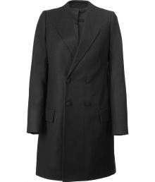 Luxurious coat in black wool - fashionable mens coat look - broad revers, double-breasted - straight cut, classic short coat langth (above the knee) - a smashing coat to impress - suitable for day and night - pairs with respectable office outfits as well hot night-out looks Luxurious coat in black wool - fashionable mens coat look - broad revers, double-breasted - straight cut, classic short coat langth (above the knee) - a smashing coat to impress - suitable for day and night - pairs with respectable office outfits as well hot night-out looks