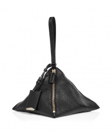 Luxurious bag designed by Jil Sander in fine black deerskin - Cool, modern pyramid-shaped, with zipper, convenient hand strap and logo tag - Holds just the minium while maximizing style - Great alternative to a traditional clutch, perfect for your next evening event