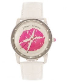 Kiss your wrists with this lovely watch from Betsey Johnson. Dressed in genuine white leather and glammed up with a vibrant graphic. Kiss your wrists with this lovely watch from Betsey Johnson. Dressed in genuine white leather and glammed up with a vibrant graphic.