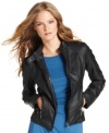 Finish your look with this faux leather jacket from Studio M--it's sleek, structured fit can help add edge to your outfit or balance out extra feminine pieces.