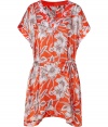 Super chic tangerine hibiscus satin georgette dress - This sexy-meets-stylish mini dress features a retro floral print and a flirty print - Rounded neck, oversized short sleeves with cuff, waistband with draped detail, all-over floral print - Wear with opaque tights, a military-inspired jacket, and wedge booties