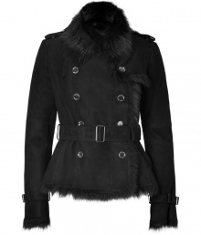 Timeless classic styling gets a chic urban remake in Burberry Londons jet black shearling jacket, tailored to perfection with an impeccable short cut - Fur collar, long sleeves, belted cuffs, double-breasted buttoned front, epaulettes, gun flap, rain shield, belted waistline, belt loops, tailored fit - Pair with edgy separates and contemporary color-pop footwear Timeless classic styling gets a chic urban remake in Burberry Londons jet black shearling jacket, tailored to perfection with an impeccable short cut - Fur collar, long sleeves, belted cuffs, double-breasted buttoned front, epaulettes, gun flap, rain shield, belted waistline, belt loops, tailored fit - Pair with edgy separates and contemporary color-pop footwear