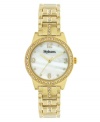 Get your glamour fix with this luxe watch by Style&co. Gold tone mixed metal bracelet with crystal accents and round case. Bezel embellished with crystal accents. Mother-of-pearl dial features gold tone numerals at twelve, three, six and nine o'clock, dot markers, three hands and logo. Quartz movement. Two-year limited warranty.