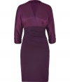 Contrast texture and color to elegant effect with Paule Kas aubergine silk and cotton blend dress - Especially flattering, thanks to a touch of stretch - Wrap-style bodice with deep v-neck and gathered, 3/4 sleeves - High-waisted, ruched pencil skirt hits above the knee - Zips at side -  Seamlessly transitions from the office to evenings out - Pair with platform pumps, ankle booties or strappy sandals