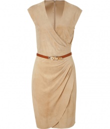 Sophisticated deep tan suede Lea dress from Ralph Lauren - This supple leather dress brings drama and elegance to your day or night look - V-neck with faux wrap detail and side drape, detachable belt, hidden back zip closure - Style with patterned neutral tights, a wool coat, and platform heels