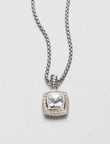 From the Petite Albion Collection. A beautifully faceted square white topaz surrounded in dazzling diamond set in sterling silver on a box link chain. White topazDiamonds, .18 tcwSterling silverLength, about 17Pendant size, about .25Lobster clasp closureImported From the Petite Albion Collection. A beautifully faceted square white topaz surrounded in dazzling diamond set in sterling silver on a box link chain. White topazDiamonds, .18 tcwSterling silverLength, about 17Pendant size, about .25Lobster clasp closureImported