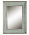 The wooden frame of the Ogden Blue mirror has a hand-rubbed ivory/sky blue finish with antiqued silver leaf details for a soft pastel color effect, perfect for informal settings where relaxation is encouraged. It also features beveled glass and can be hung vertically, as shown, or horizontally.