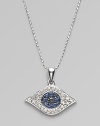 The iconic symbol of protection, in 14k white gold with black and white pavé diamonds and blue sapphires, on a white gold ball chain. Diamonds, 0.26, tcw Sapphires 14k white gold Chain length, about 16 Pendant width, about ½ Lobster clasp Imported