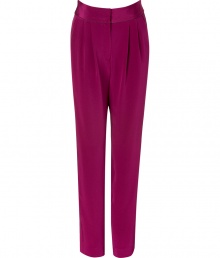 Work a vivid color pop into your luxe tailored look with Sophie Theallets bright purple harem pants, an exquisitely crafted choice with that distinctively French feel - Flat waistband, tonal satin trim throughout, pleated front, side slit pockets, hidden hook closure, printed lining detail - Softly tailored, relaxed fit - Wear with fitted tops, sleek leather accessories, and statement jewelry