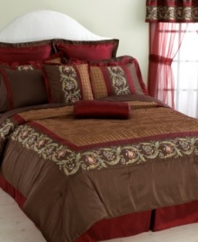 Golden touch. Featuring lustrous quilted satin, ornate embroidery and rich hues of gold and wine, the Hammond room in a bag casts an air of distinction. Embellished decorative pillows and matching window treatments enhance this ensemble's opulent appeal, while the solid bedskirt and bold European shams ground the look with refinement. (Clearance) Golden touch. Featuring lustrous quilted satin, ornate embroidery and rich hues of gold and wine, the Hammond room in a bag casts an air of distinction. Embellished decorative pillows and matching window treatments enhance this ensemble's opulent appeal, while the solid bedskirt and bold European shams ground the look with refinement. (Clearance)
