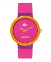 Get hypnotized by the bright neon lights of Lacoste. Unisex Goa watch crafted of pink with purple detail silicone strap and round purple plastic case with orange bezel. Pink dial features white iconic crocodile logo at twelve o'clock, white text logo at six o'clock, white cut-out hour and minute hand and orange second hand. Quartz movement. Water resistant to 30 meters. Two-year limited warranty.