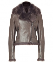 Combat the cold in this ultra-luxe metallic-hued shearling jacket from Ventcouvert - Large fur-lined collar, asymmetrical zip closure, long sleeves, zip pockets, slim fit, fur trim at cuffs and hem - Style with a figure-hugging sheath or skinny jeans and a pullover