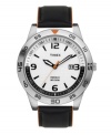 Orange accents add a burst of energy to this smart watch by Timex. Black leather strap with orange trim and round silver tone mixed metal case. White dial features black numerals at twelve, three, six and nine o'clock, stick indices, minute track, date window at three o'clock, luminous hour and minute hands, orange second hand and logo. Quartz movement. Water resistant to 50 meters. One-year limited warranty.