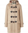 The perfect fusion of form and function, Burberry Brits camel Minstead duffle coat is a timeless investment in iconic heritage style - Slim, straight cut hits mid-thigh - Classic leather toggle closure, signature Burberry check-lined hood and oversize flap pockets at hips - A modern must ideal for any number of occasions - Pair with everything from jeans and a cashmere pullover to suit trousers and a blazer