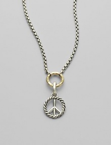 From the Cable Charm Collection. The iconic sign of peace, gracefully rendered in sterling silver with a cable frame. Sterling silver Diameter, about ½ Spring clip clasp Made in USA Please note: Necklace sold separately.