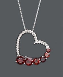 Give the gift of love to the girl with a January birthday. This elegant heart-shaped pendant features an intricate, textured design accented by bold, round-cut garnets (1-3/4 ct. t.w.). Crafted in sterling silver. Approximate length: 18 inches. Approximate drop: 3/4 inch. Give the gift of love to the girl with a January birthday. This elegant heart-shaped pendant features an intricate, textured design accented by bold, round-cut garnets (1-3/4 ct. t.w.). Crafted in sterling silver. Approximate length: 18 inches. Approximate drop: 3/4 inch.