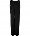 Luxe pant in fine, black viscose knit blend - A fresh twist on the classic sailor cut - Higher waist with large pockets and decorative gold button embellishment at hips - Wide, cuffed leg - Crease detail flatters and elongates the silhouette - Modern and undeniably elegant, ideal for work, cocktails and evenings out - Pair with a silk top and cropped blazer by day, or don a chiffon blouse and slim leather jacket at night