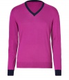 Both bright and contemporary with its deep magenta hue, Etros V-neck pullover is as chic as it is versatile - V-neckline, long sleeves, navy trim - Modern slim fit - Wear with tailored trousers and a sleek button-down