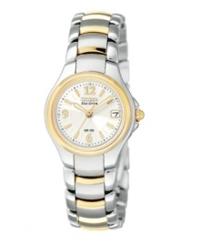 Because she's a good sport, give her and Eco-Drive two-tone stainless steel bracelet watch with three-hand movement and date display. Brushed goldtone stainless steel case with mineral glass crystal. Water resistant to 100 meters. Five-year warranty. Because she's a good sport, give her and Eco-Drive two-tone stainless steel bracelet watch with three-hand movement and date display. Brushed goldtone stainless steel case with mineral glass crystal. Water resistant to 100 meters. Five-year warranty.