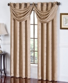 A repeating motif of structured medallions cascade over a soft and shimmering fabric in the Mosaic window valance from Regal. Combine this waterfall valance with a coordinating grommeted panel to achieve a stately and graceful look. A repeating motif of structured medallions cascade over a soft and shimmering fabric in the Mosaic window valance from Regal. Combine this waterfall valance with a coordinating grommeted panel to achieve a stately and graceful look.